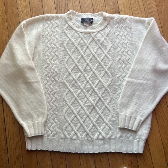 Mademoiselle Other - MADEMOISELLE Ivory CableKnit Fisherman Crew Neck‎ Sweater Vtg Size LARGE Coastal